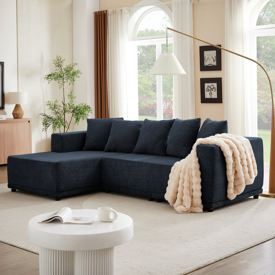 Chenille L Shaped Sectional Sofa Set,Minimalist Style Modular Sectional Sofa, Luxury Chenille Fabric Cloud Couch For Living Room Blue Chenille 4 Seat