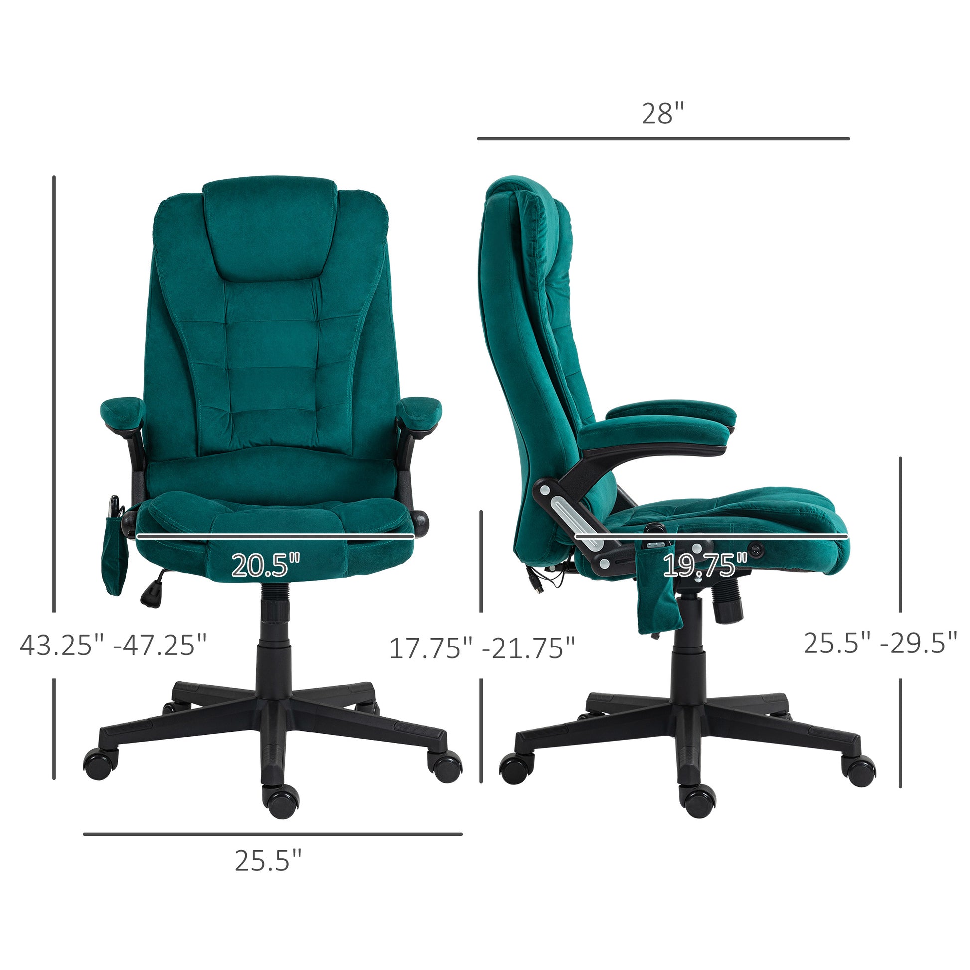 Homcom 6 Point Vibrating Massage Office Chair With Heat, Velvet High Back Executive Office Chair With Reclining Backrest, Padded Armrests And Remote, Dark Green Dark Green Polyester