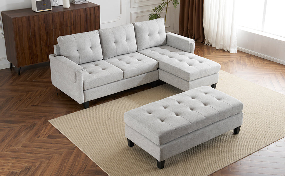 83.4" L Shaped Sofa Sectional Couch Sofa Bed With Two Usb Ports, A Movable Ottoman And A Reversible Chaise Lounge For Living Room, Grey Grey Foam Chenille 5 Seat