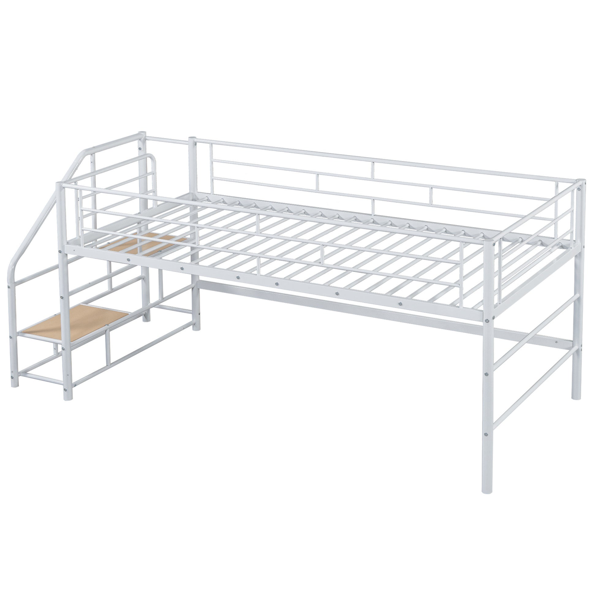 Mid Loft Bed With Storage Stairs, Twin, White Twin White Mdf Metal