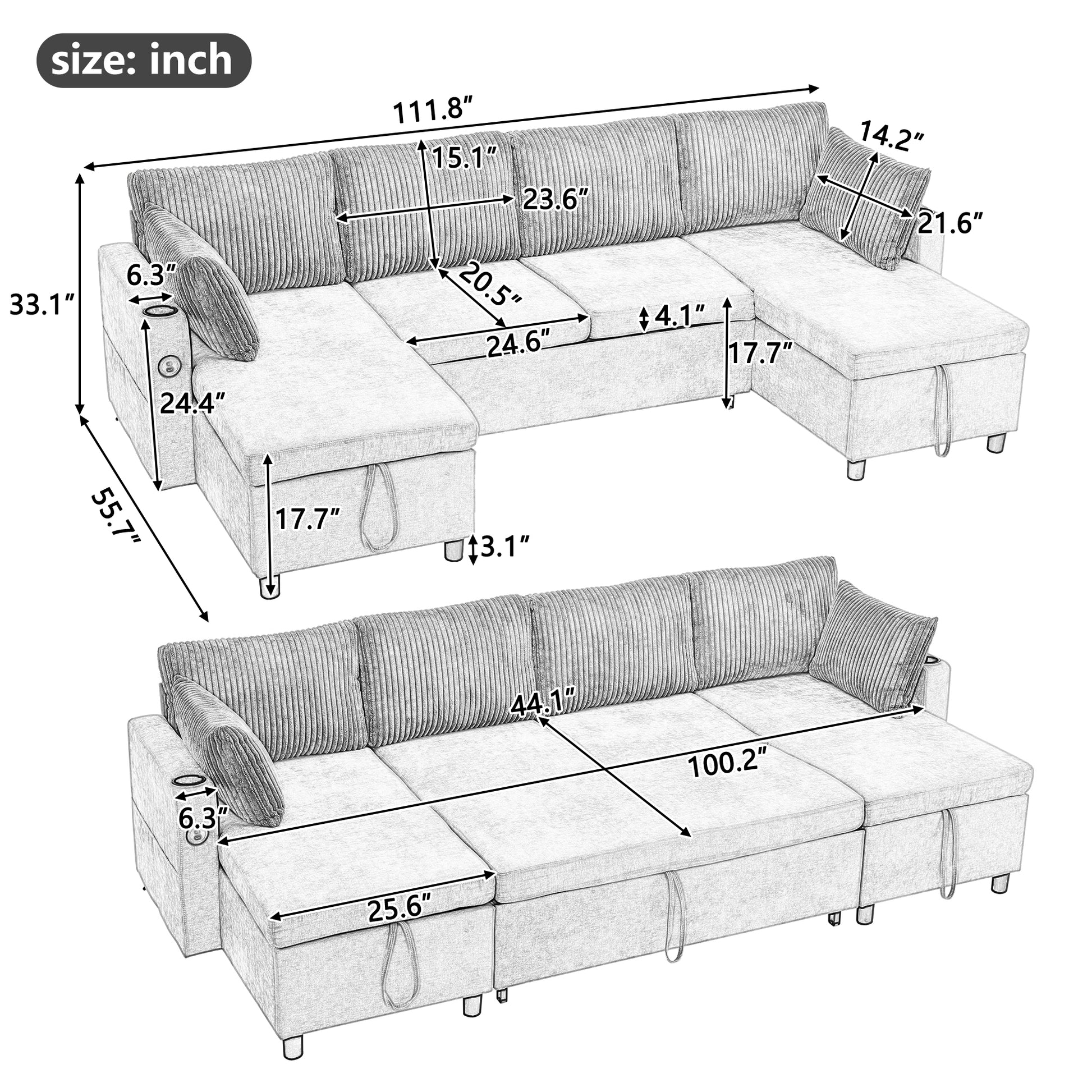 111.8" Sectional Sofa Pull Out Sofa Bed Versatile Sofa Sleeper With Large Storage Space, Two Usb Ports And Two Cup Holders For Living Room, Beige Beige Foam Chenille 4 Seat