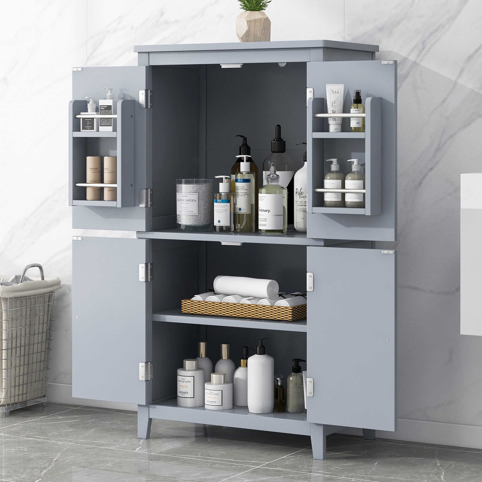 Elegant Bathroom Floor Storage Cabinet, Bathroom Storage Unit, Freestanding Cabinet With 4 Doors, Adjustable Shelves, Adaptable Shelves, Grey Grey Mdf