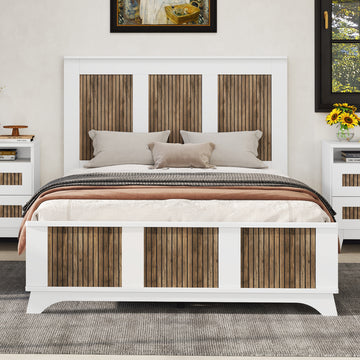 Farmhouse Wooden Platform Full Size Bed, Modern Platform Bed With Wooden Strip Decoration, Plywood Slats Support, White Full White Particle Board