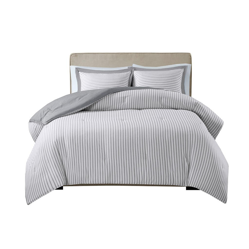 Reversible Yarn Dyed Stripe Down Alternative Comforter Set King White Gray Microfiber