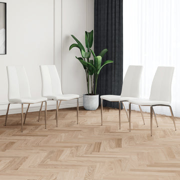 Modern Dining Chairs With Faux Leather Padded Seat Dining Living Room Chairs Upholstered Chair With Chrome Metal Legs Design For Kitchen, Living, Bedroom, Dining Room Side Chairs Set Of 4 White Metal