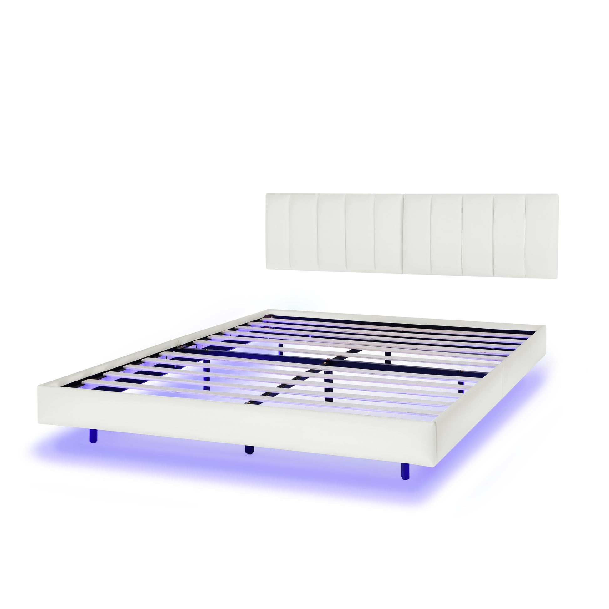 Queen Floating Bed Frame With Led Lights And Wall Mounted Headboard Modern Low Profile Led Platform Bed Frame Queen Size Faux Leather Upholstered Platform Bed Frame,No Box Spring Needed,White Queen White Pu