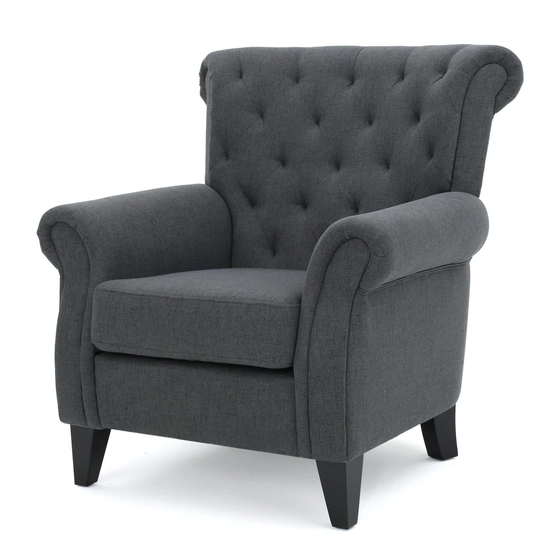 Mirod Comfy Accent Chair With Tufted Backrest, Bedroom Single Seat Arm Chair With Wooden Legs, Modern Side Chairs For Living Room Dark Gray Fabric