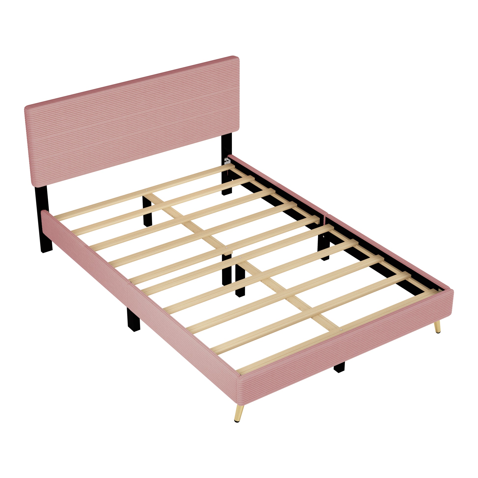 Queen Size Corduroy Upholstered Bed Frame, Platform Bed With Horizontal Stripe Headboard, No Box Spring Needed, Pink Queen Pink Bed Frame Solid Wood Mdf