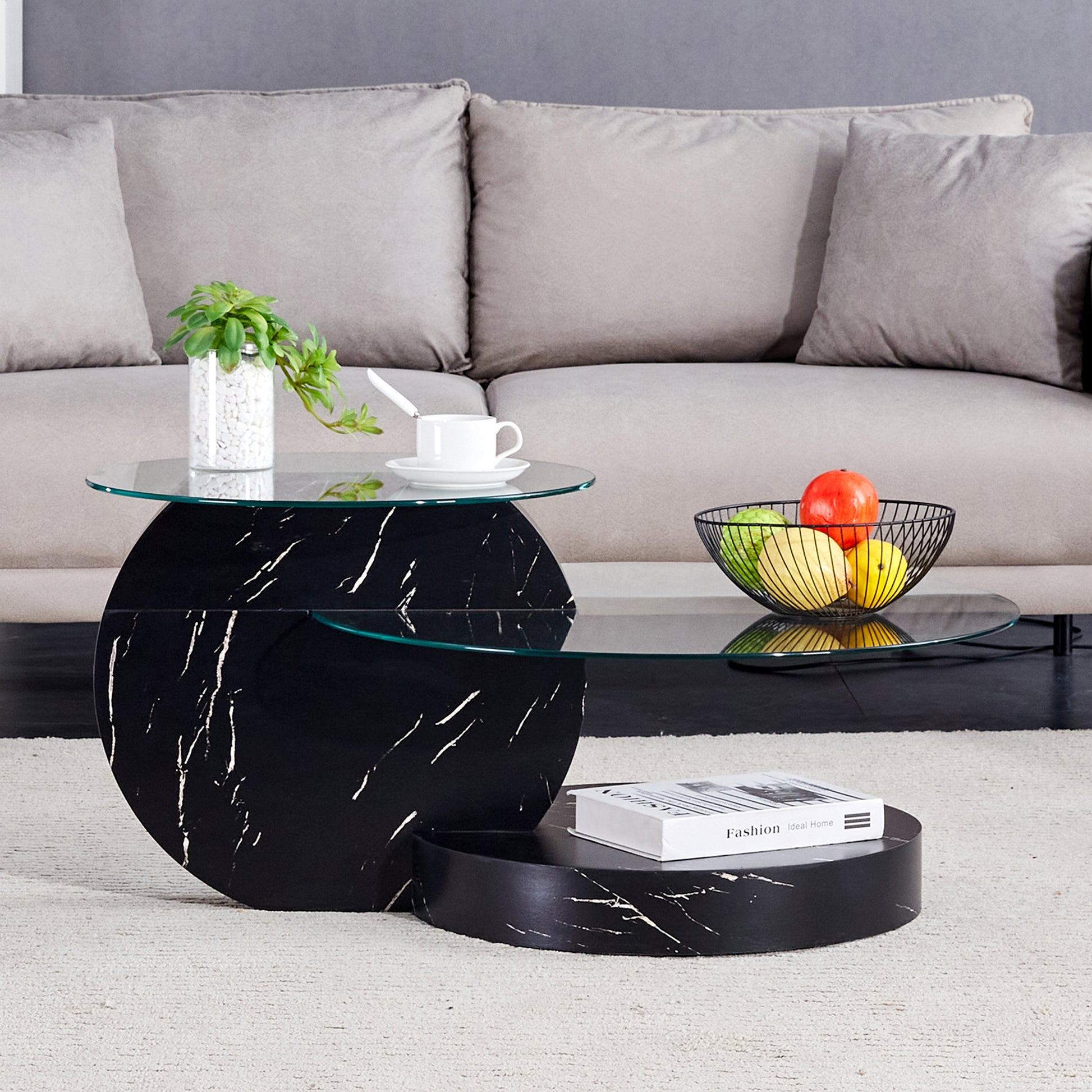 Modern And Practical Double Deck Round Table. Double Storage Space, Made Of Glass Tabletop And Mdf Table Legs. Suitable For Living Room And Bedroom And Dining Room. Black Mdf Glass