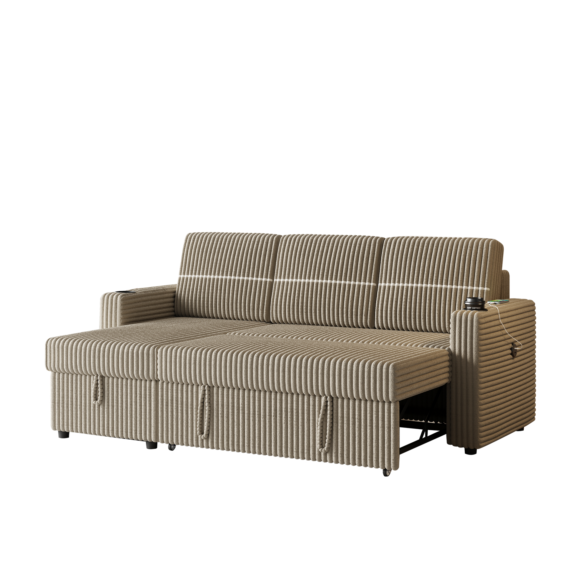 85 Inches Corduroy Sofa Bed, 3 Seater Sleeper Sofa With Storage Chaise, Square Handrail With Two Cup Holder And Usb Charge Port, Pull Out Couch For Living Room Brown Corduroy 3 Seat