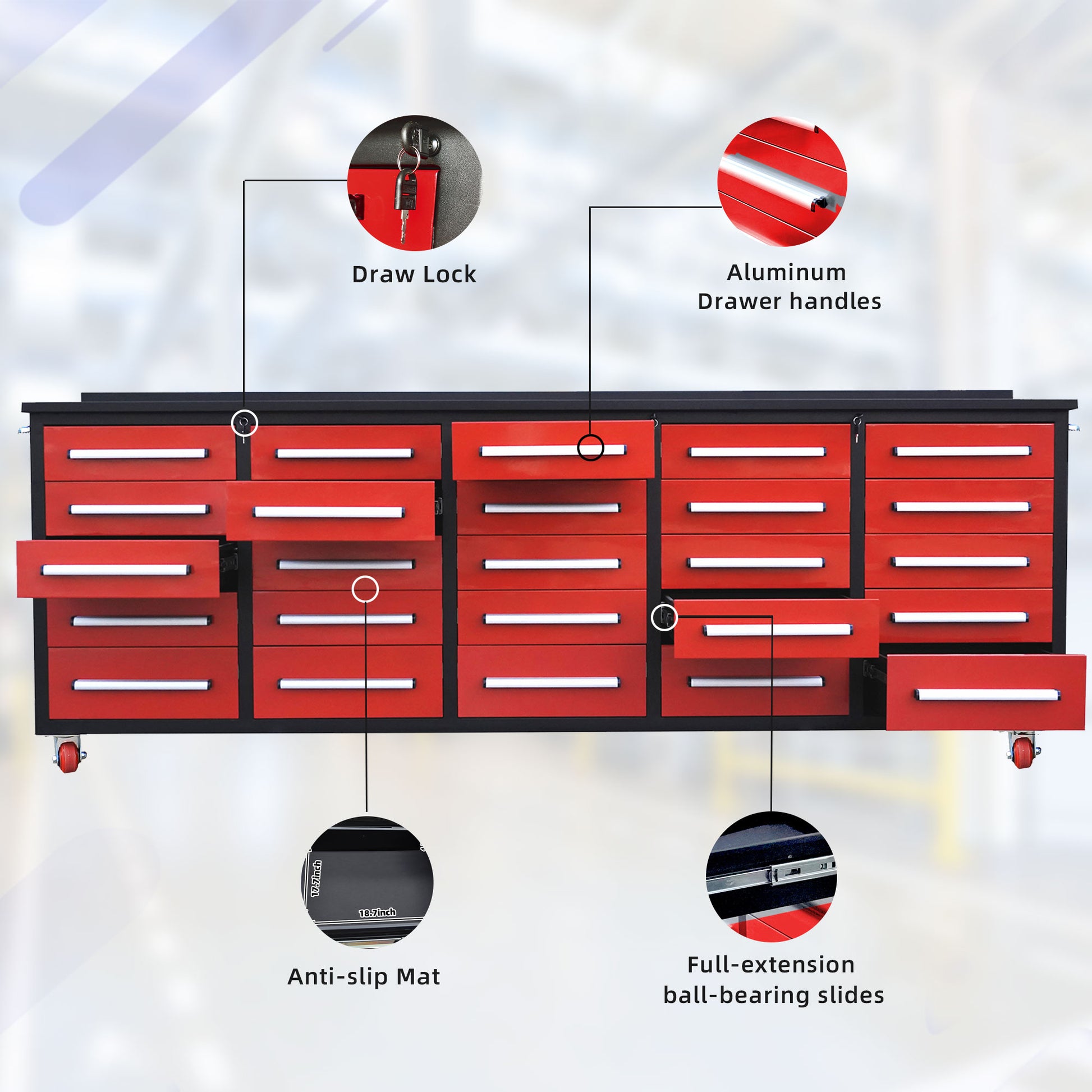 10Ft Workbench With Storage Drawers 25 Drawers Red Red Steel