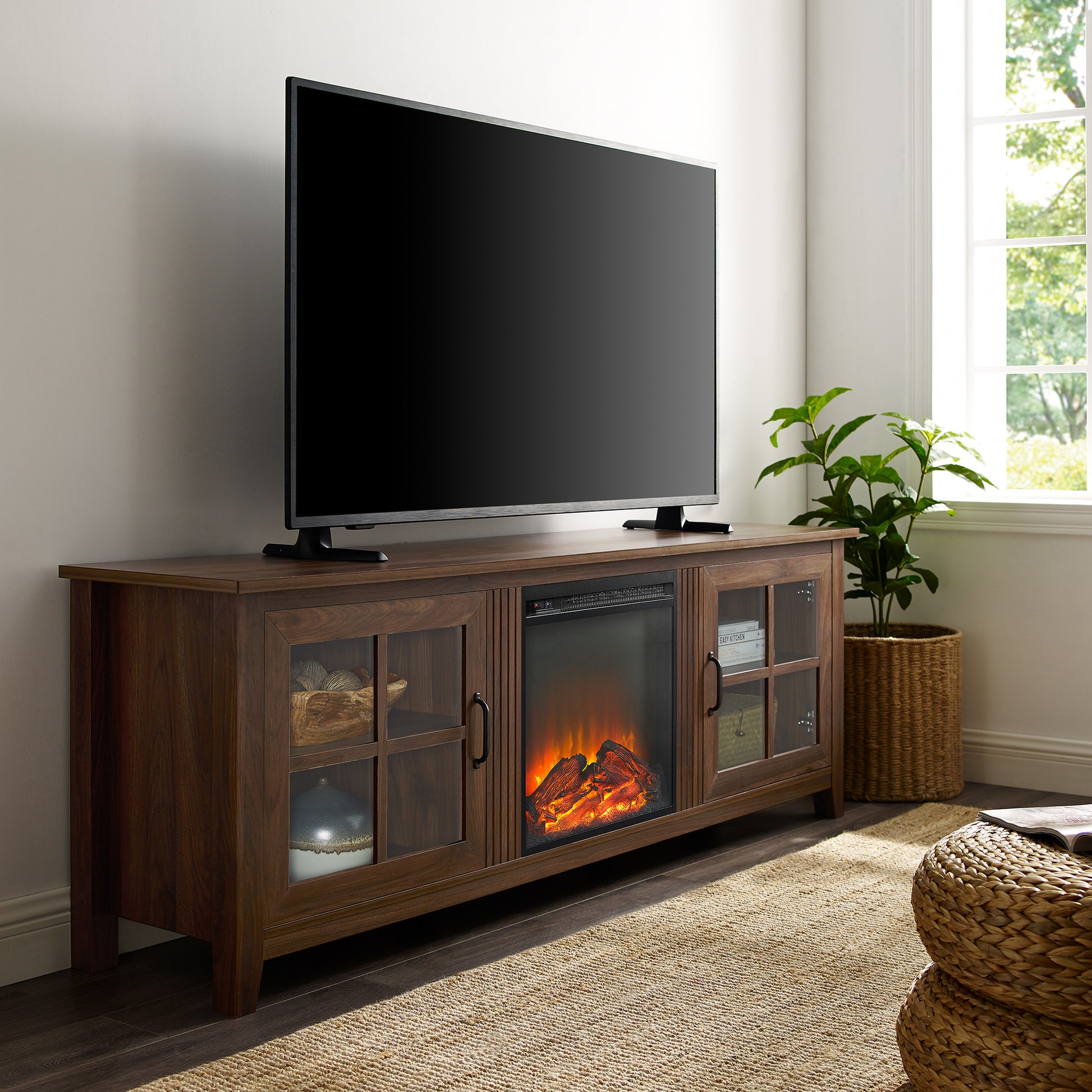 Modern Farmhouse 2 Door Glass Windowpane 70" Fireplace Tv Stand For 80" Tvs Dark Walnut Dark Brown Mdf