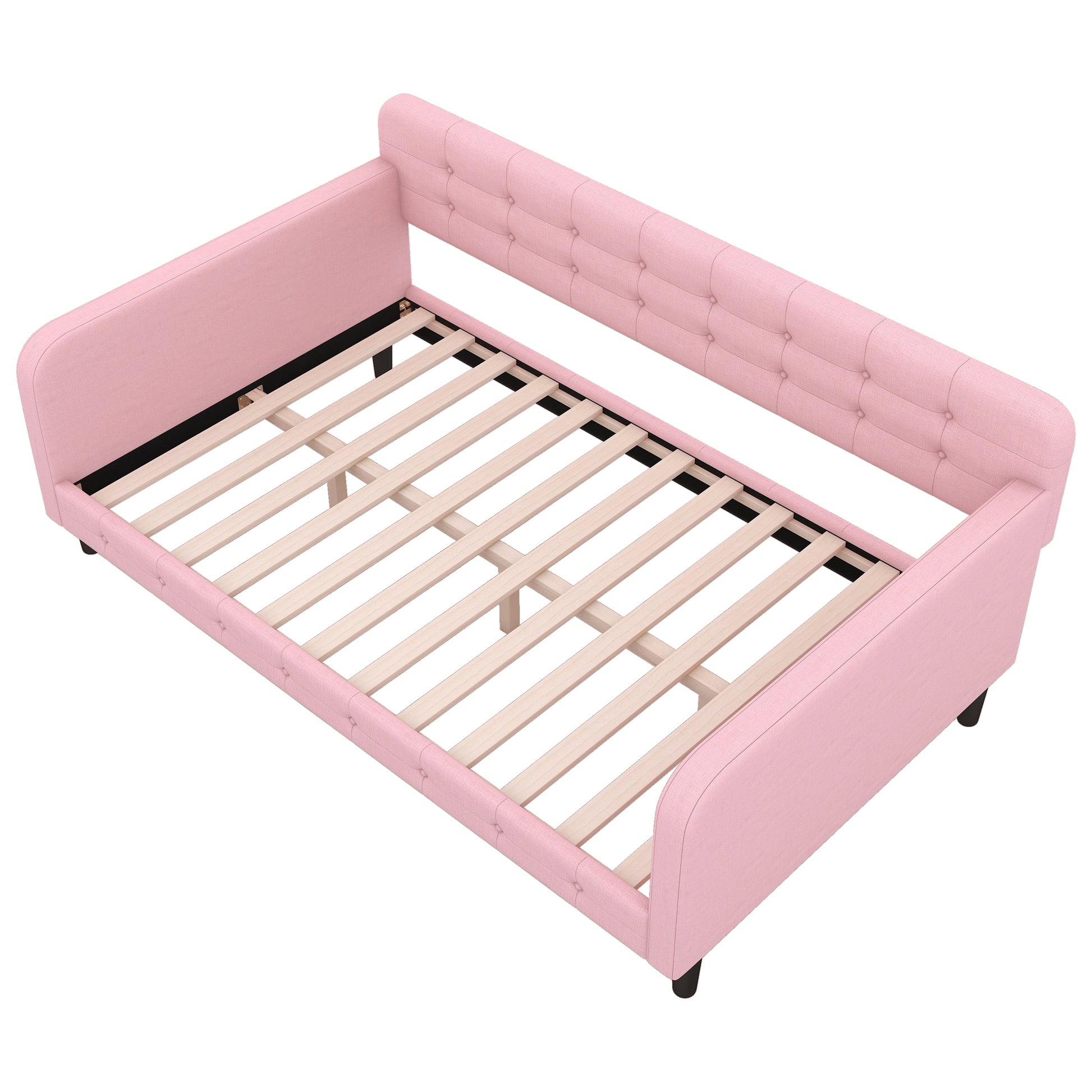 Twin Size Upholstered Tufted Daybed With 4 Support Legs, Pink Box Spring Not Required Twin Pink Wood Bedroom Daybeds Linen Upholstered