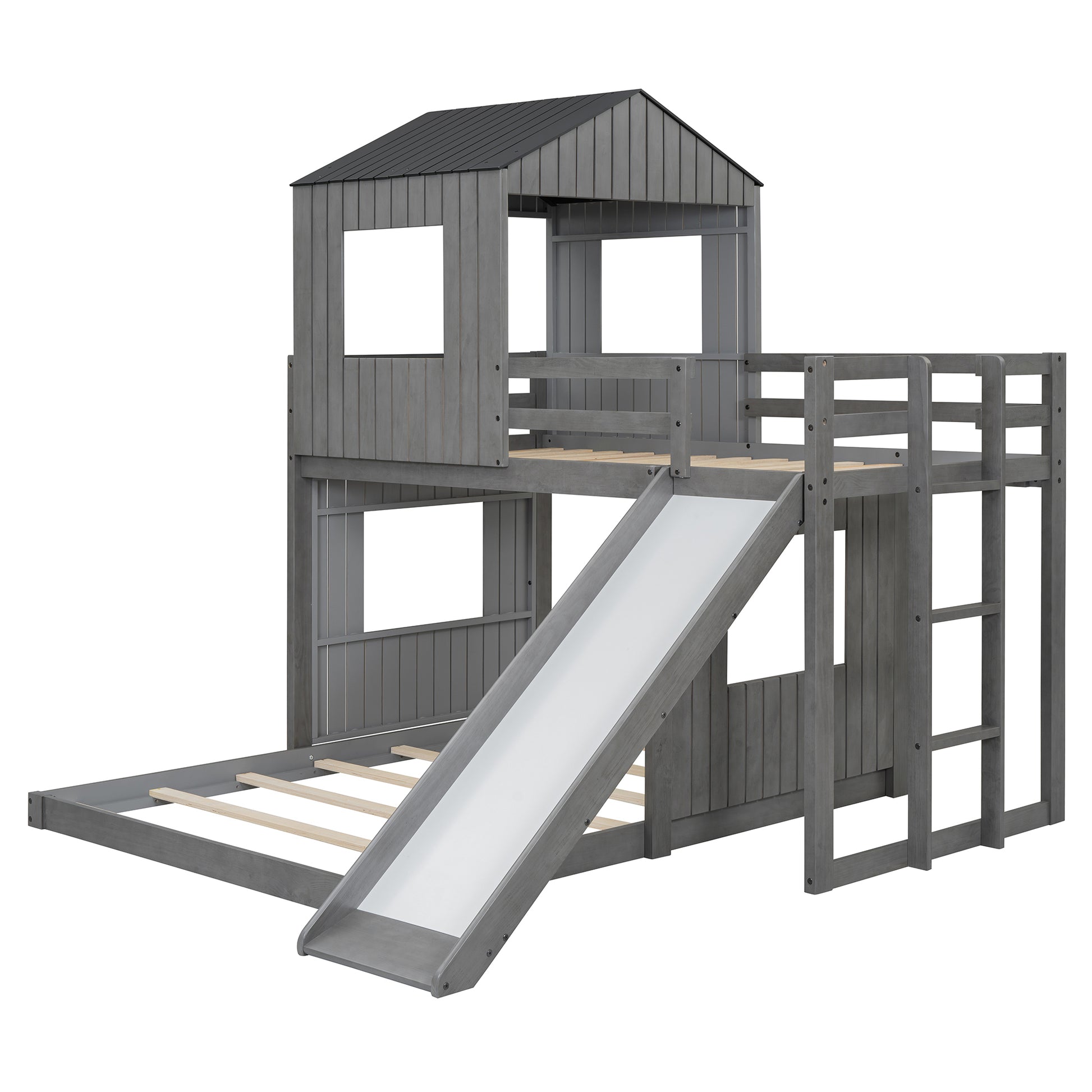 Wooden Twin Over Full Bunk Bed, Loft Bed With Playhouse, Farmhouse, Ladder, Slide And Guardrails, Antique Gray Old Sku :Lt000028Aae Twin Antique Gray Solid Wood