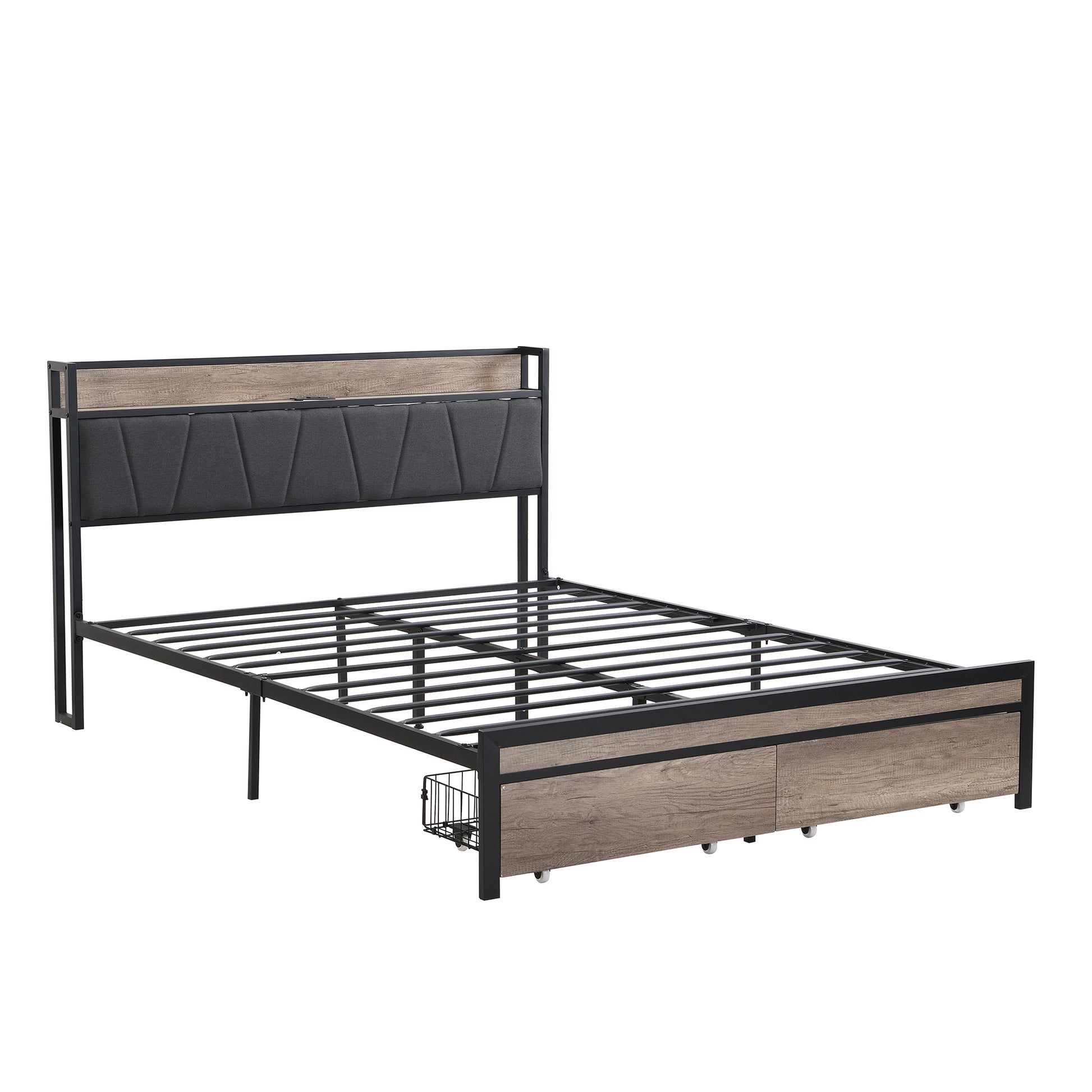 Full Size Metal Platform Bed Frame With Upholstery Storage Function Headboard And Usb Liner And Footboard With Drawers, No Box Spring Needed, Large Under Bed Storage, Easy Assemble Full Black Grey Mdf Metal