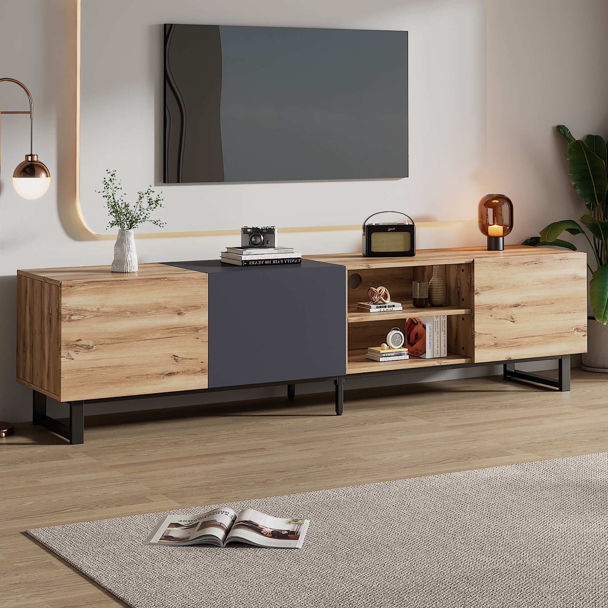 Modern Tv With 3 Cabinets& Open Shelves, Color Matching Media Console Table For Tvs Up To 80'', Entertainment Center With Drop Down Door For Living Room, Bedroom, Home Theatre Wood Brown Primary