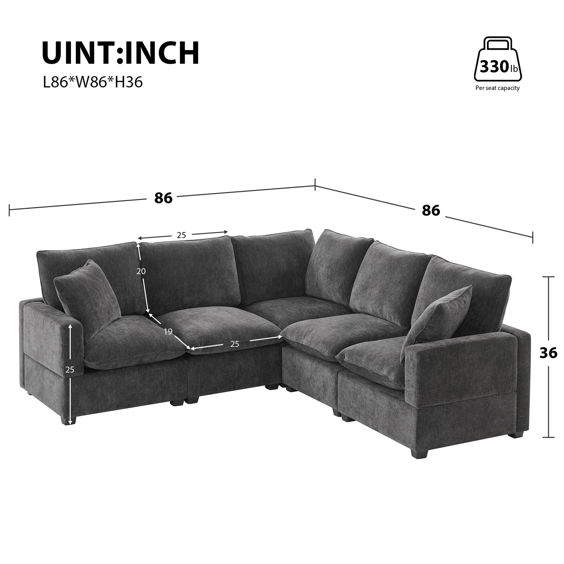 84*84" Modern L Shape Modular Sofa, 5 Seat Chenille Sectional Couch Set With 2 Pillows Included, Freely Combinable Indoor Funiture For Living Room, Apartment, Office, 2 Colors Black Grey Chenille 5 Seat