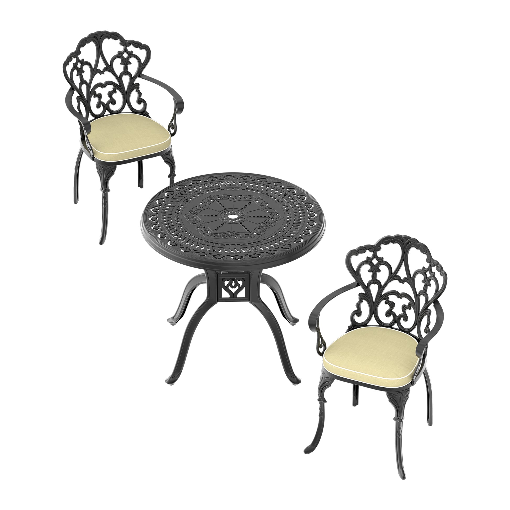 Cushions In Random Colors 3 Piece Set Of Cast Aluminum Patio Furniture With Cushions Yes Complete Patio Set Black Seats 2 Rust Resistant Frame Water Resistant Cushion Garden & Outdoor Complete Patio