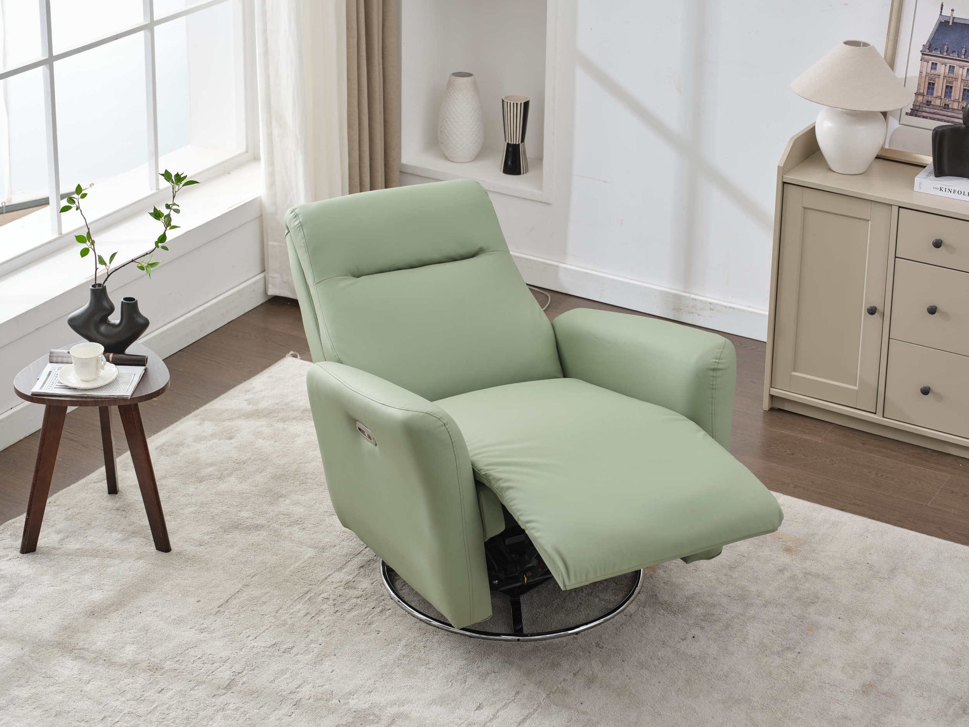 Swivel Glider Recliner Chair, 270 Power Recliner Rocking Chair Nursury Chair For Living Room Bedroom Apartment Green Faux Leather