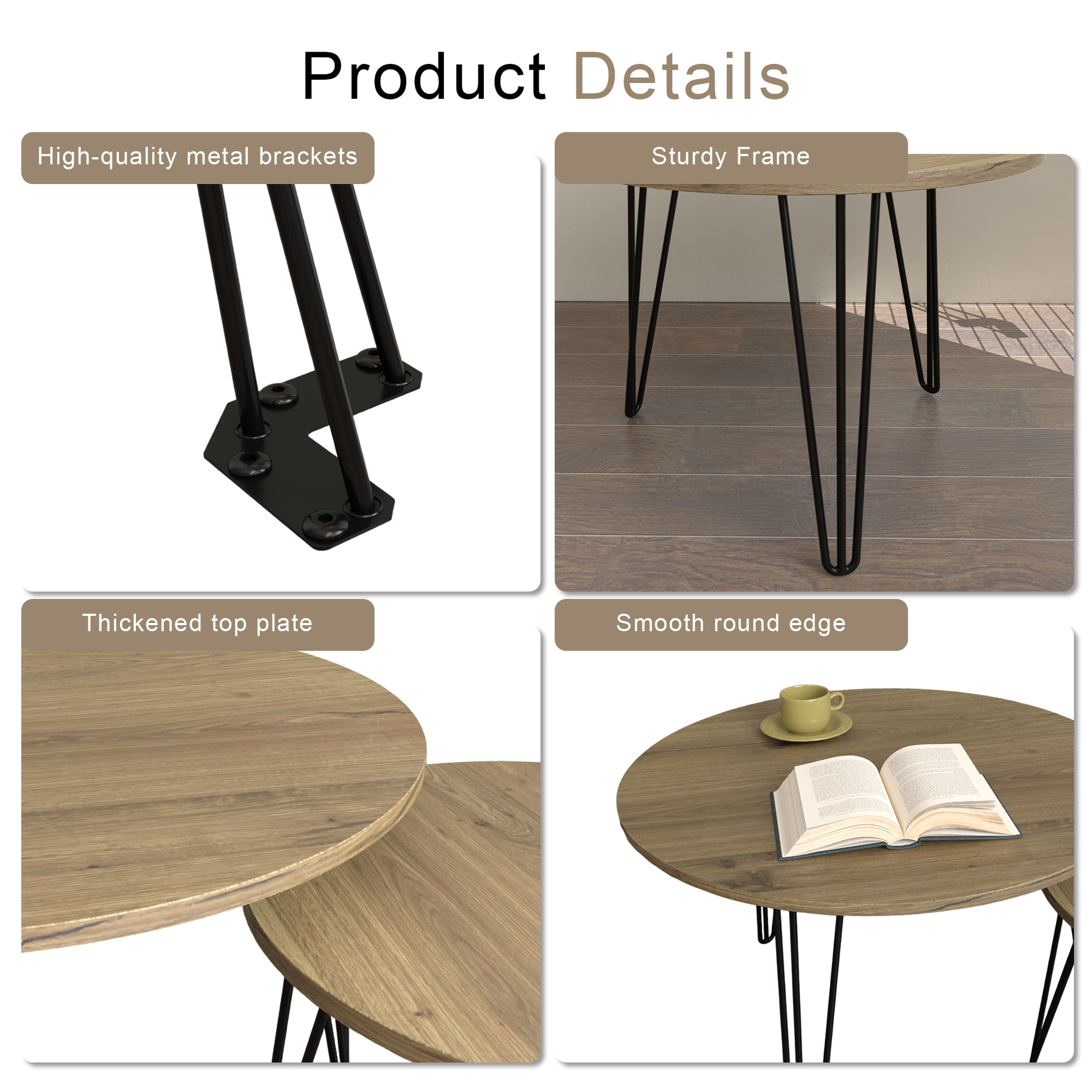 27.56'' Round Nesting Coffee Table Set Of 2, Circular Nesting End Table Set, Round Wooden Tabletop, And Sturdy Metal Base For Living Room, Bedroom, Brown Rustic Brown Round Wood Metal