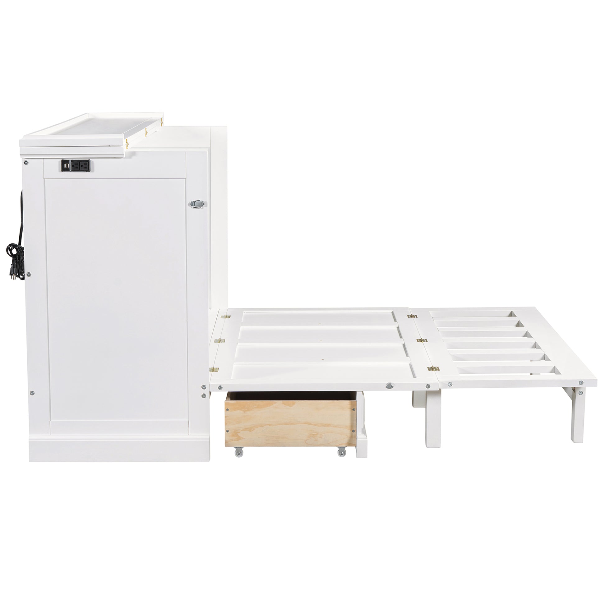 Solid Pine Murphy Bed Chest Cube Cabinet Bed With Charging Station And Large Storage Drawer For Home Office Or Small Room,Full,White Box Spring Not Required Full White Wood White Pine Murphy Solid Wood Mdf