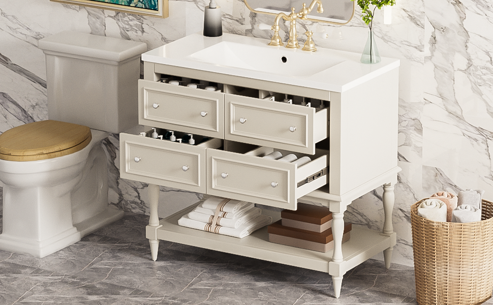 36" Bathroom Vanity Cabinet With Sink Combo Set, Undermount Resin Sink, Free Standing Vanity Set With 4 Drawers, Solid Wood Frame Bathroom Cabinet, Beige 4 Beige 1 Adjustable Hinges Bathroom Freestanding Solid Wood Mdf Resin Painted