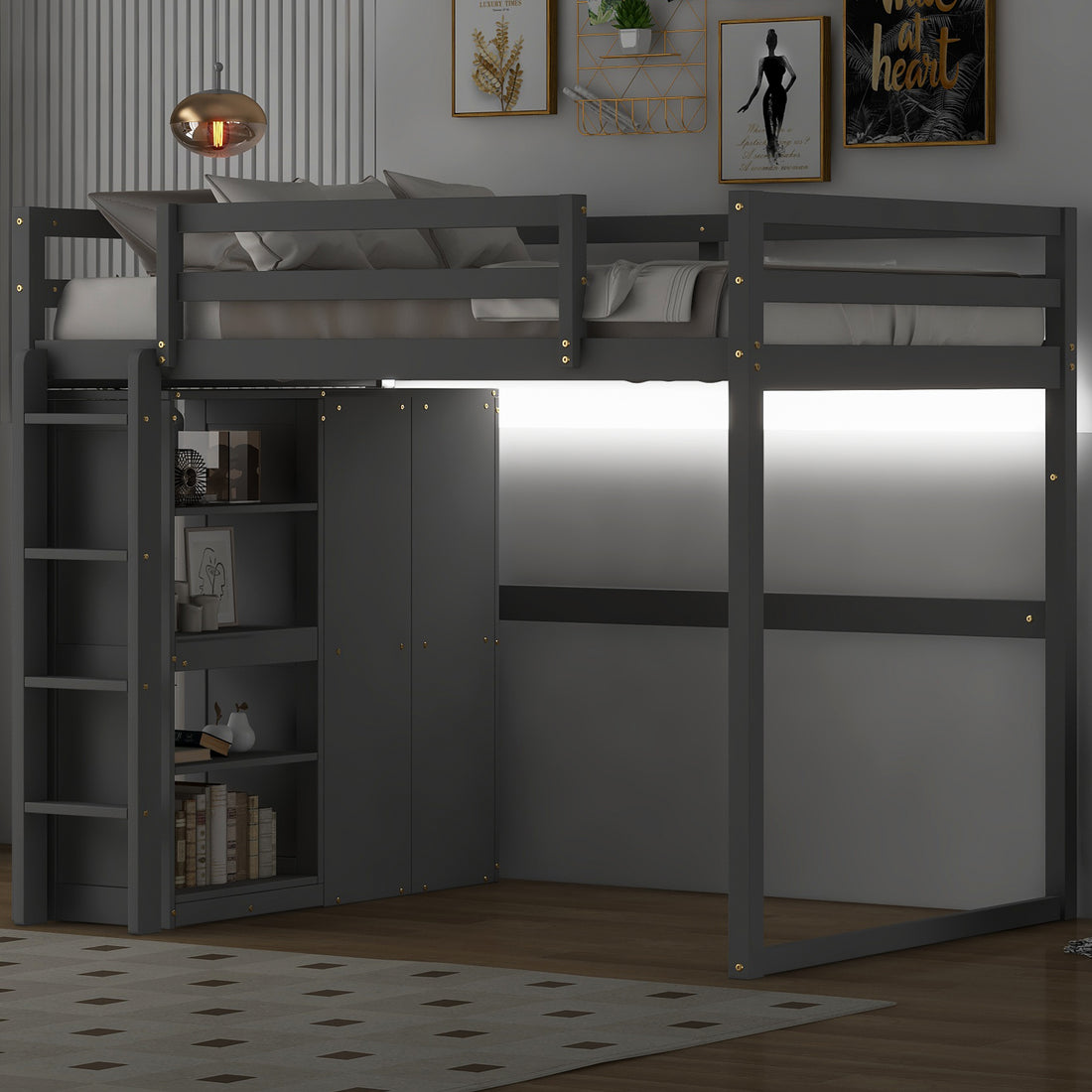 Wood Full Size Loft Bed With Built In Wardrobe And Storage Shelves, Led Light, Gray Box Spring Not Required Full Gray Wood Bedroom Bed Frame Solid Wood Mdf