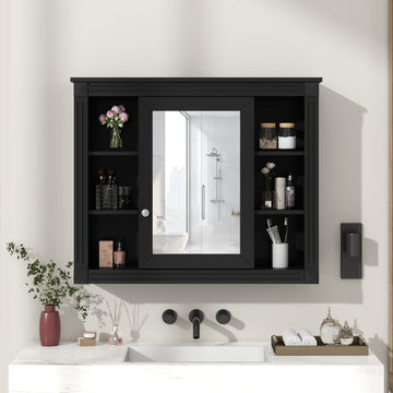 35'' X 28'' Wall Mounted Bathroom Storage Cabinet, Medicine Cabinet, Modern Bathroom Wall Cabinet With Mirror, Mirror Cabinet With 6 Open Shelves Not Include Bathroom Vanity Black 1 Mirror Included
