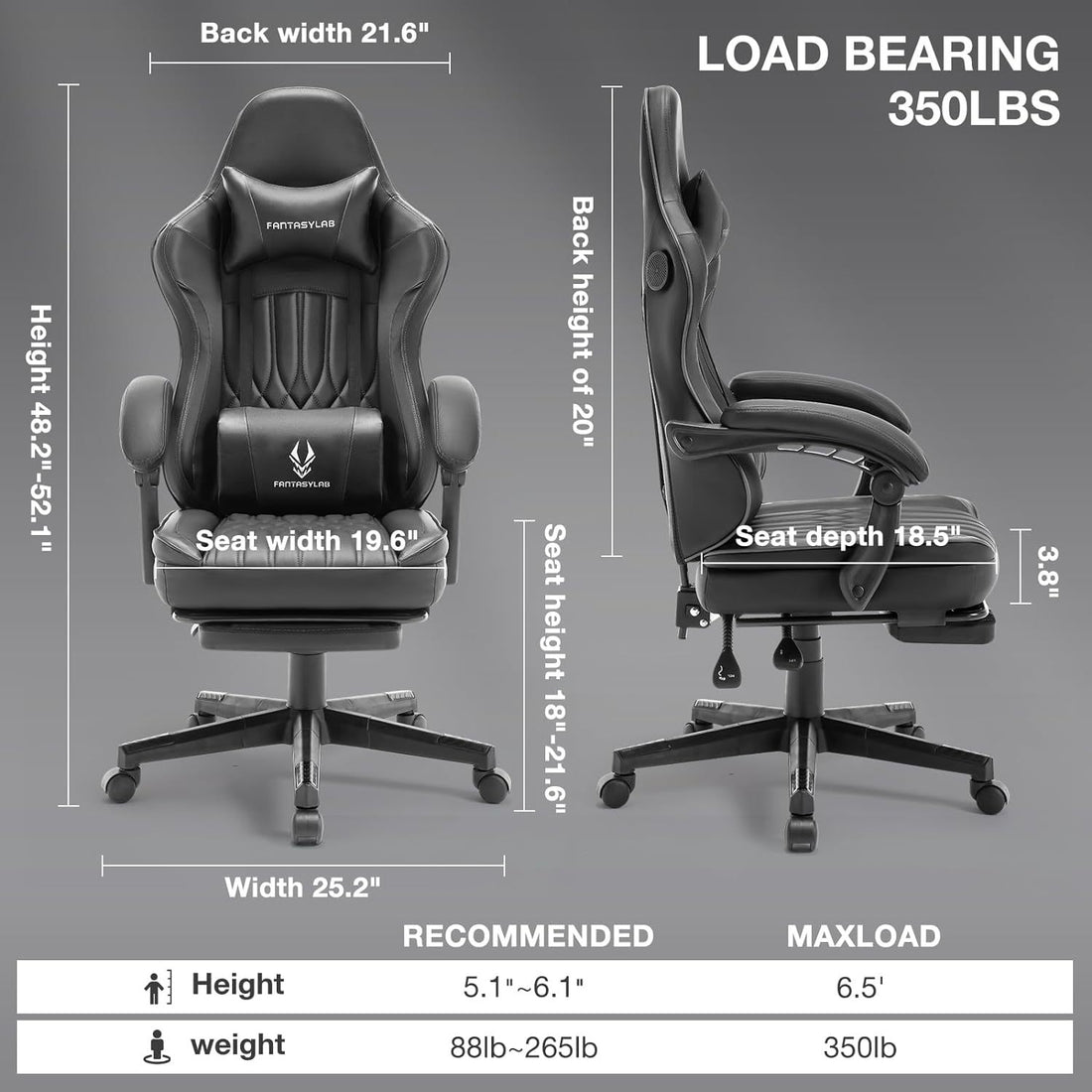 Gaming Chair With Speakers, High Back Computer Chair With Footrest, Lumbar Support And Headrest, Big And Tall Gamer Chairs With Heavy Duty Base Linkage Armrests For Adults Nylon Black Foam Faux Leather