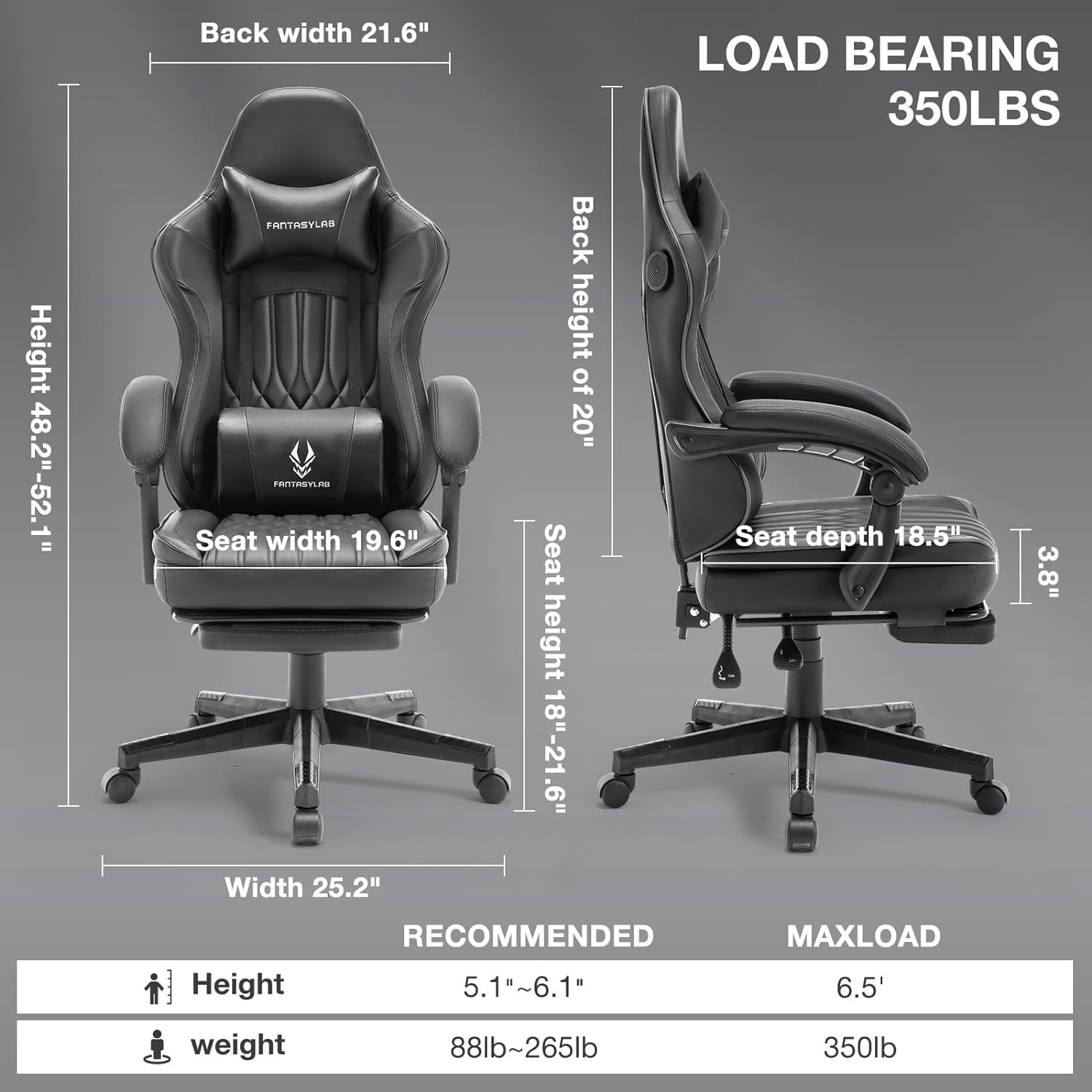 Gaming Chair With Speakers, High Back Computer Chair With Footrest, Lumbar Support And Headrest, Big And Tall Gamer Chairs With Heavy Duty Base Linkage Armrests For Adults Nylon Black Foam Faux Leather