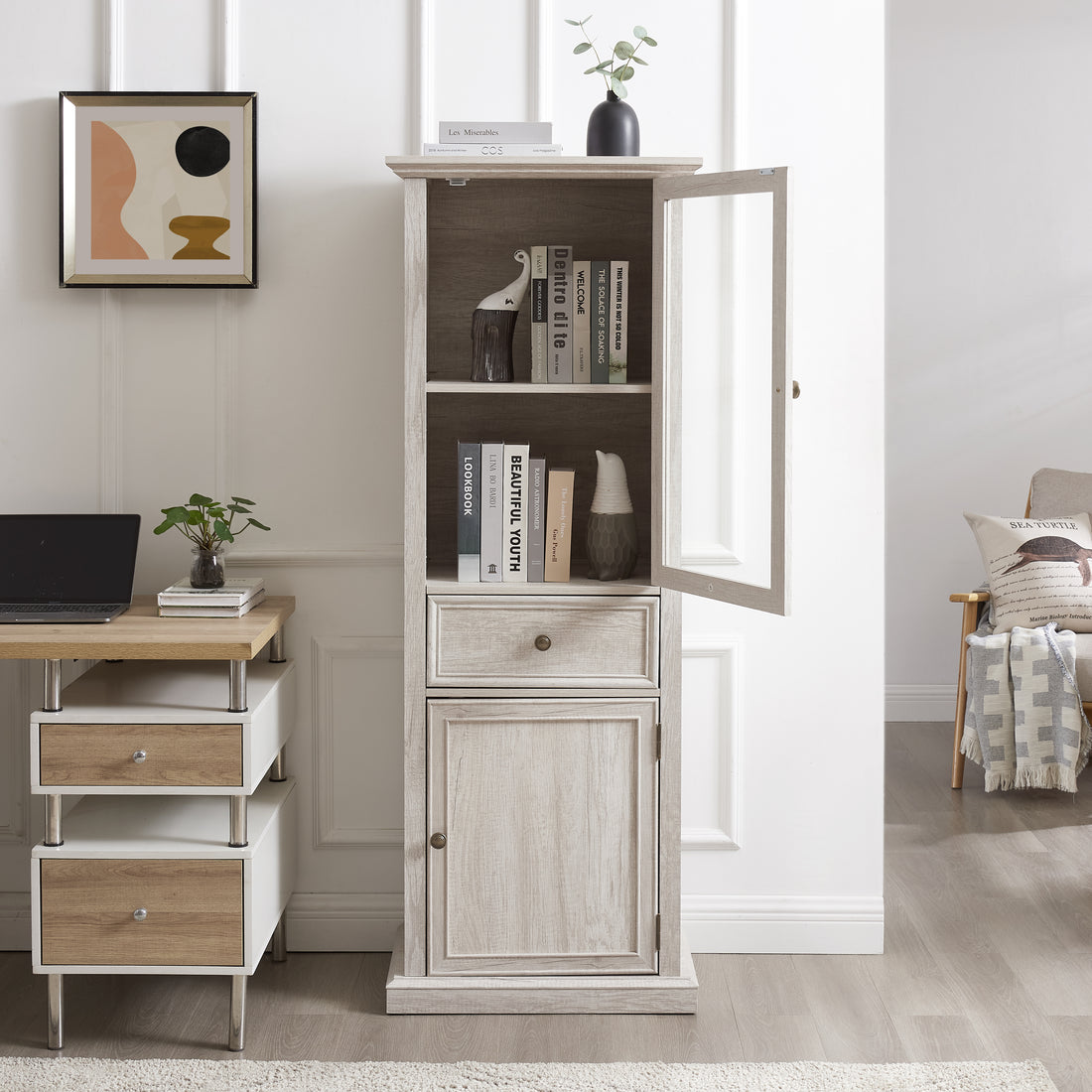 Tall Storage Cabinet, Freestanding Cabinet With Glass Door And Shelves, Sideboard Cabinet, Cabinet With Drawer For Living Room, Kitchen, Dining Room, Office, White White Mdf Glass