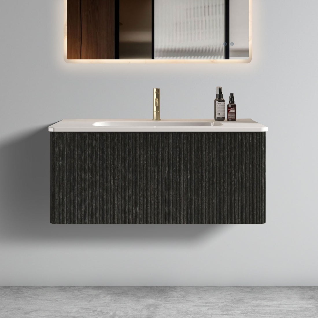 U058 Etna36W 308 Etna 36" Striped Brushed Black Oak Floating Bathroom Vanity With White Ceramic Sink, Bathroom Vanity For Modern Bathroom, Pre Assembled Black Melamine