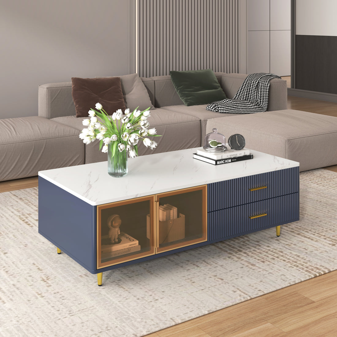 Modern Navy Blue Coffee Table With 2 Glass Door Storage, 4 Drawers, Gold Metal Legs, And Multi Color Lighting In 47.2'' Navy Blue Drawers Mdf