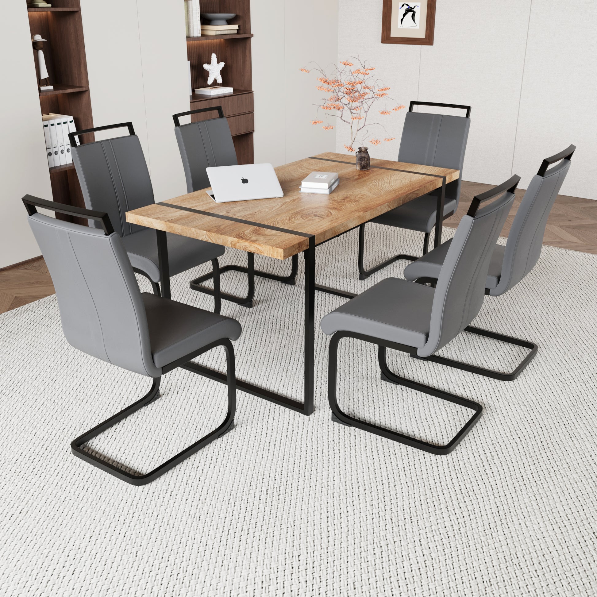 59 "Rural Industrial Rectangular Mdf Wood Color Dining Table Set And Pu Armless Dining Chair Set 6. Kitchen Black Metal Table Leg Dining Chair Set Wood Mdf