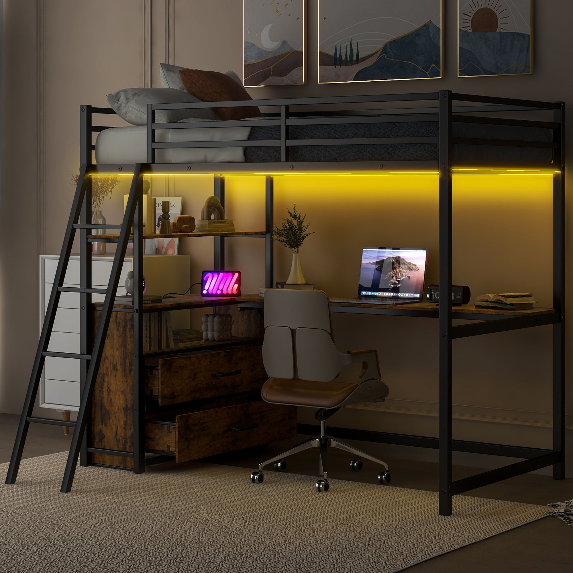 Twin Size Metal&Wood Loft Bed With Desk And Shelves, Two Built In Drawers, Led Light And Usb Charging Station, Black Twin Black Metal & Wood