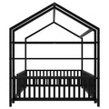 Full Size Metal House Bed With Fence And Detachable Storage Shelves, Black Full Black Metal