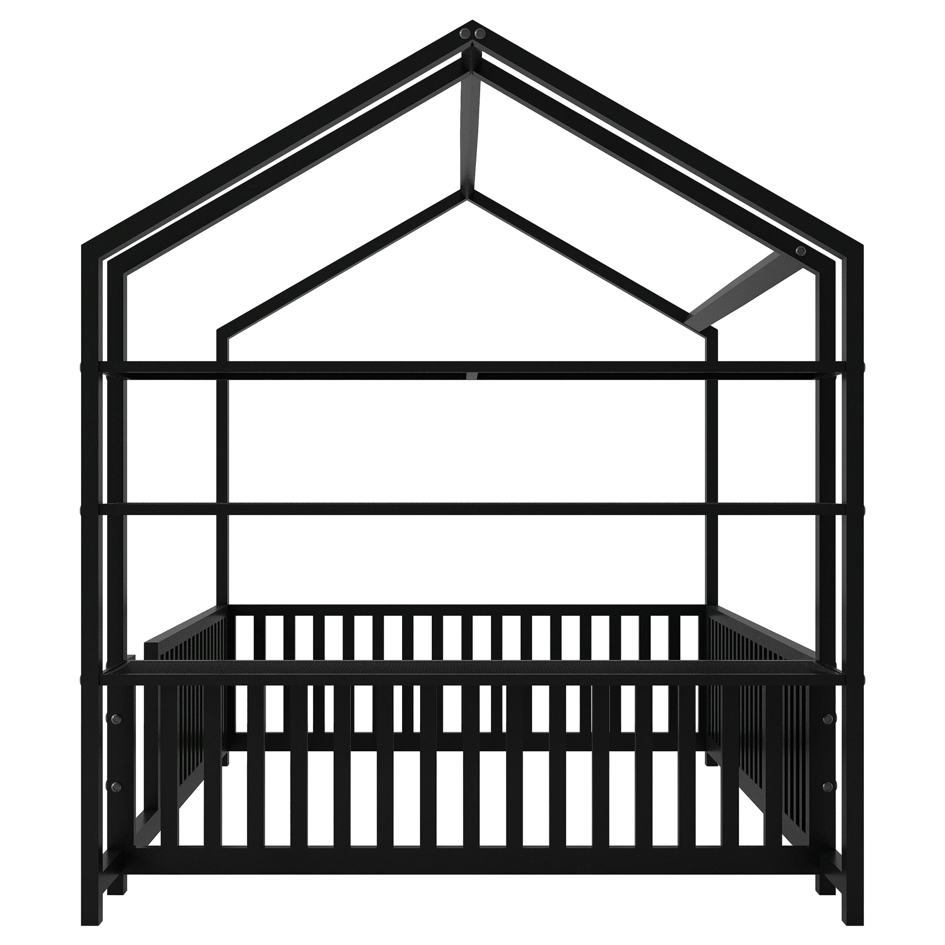 Full Size Metal House Bed With Fence And Detachable Storage Shelves, Black Full Black Metal