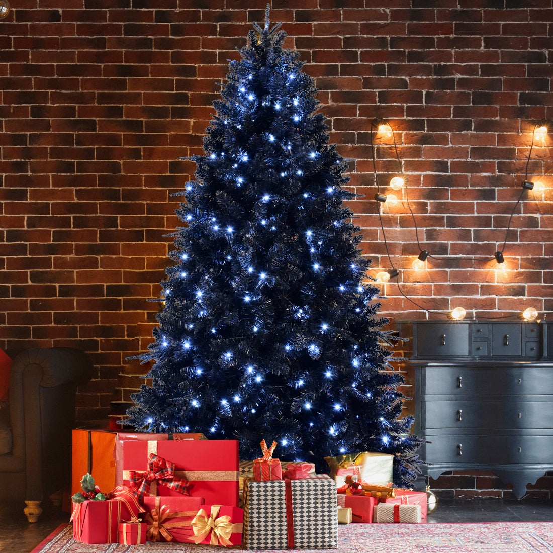 8Ft Pre Lit Black Christmas Tree, Full Halloween Xmas Artificial Tree 2486 Branch Tips, 600 Lights, Metal Hinges, Foldable Base, Holiday Decoration Black Black Polyvinyl Chloride