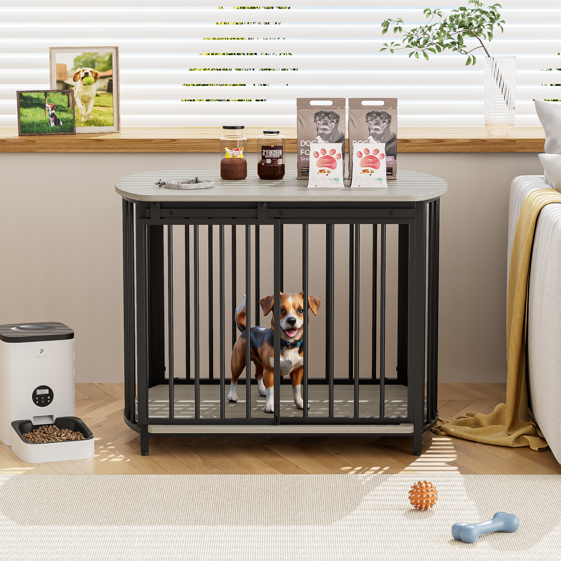 31.5" Furniture Style Dog Crate For Small And Medium Dogs, Wooden Cage Indoor Kennel Furniture, Modern Dog Crate End Table With Double Doors, Gray Gray Pet Barrier Medium 26 40 Lbs Iron,Mdf
