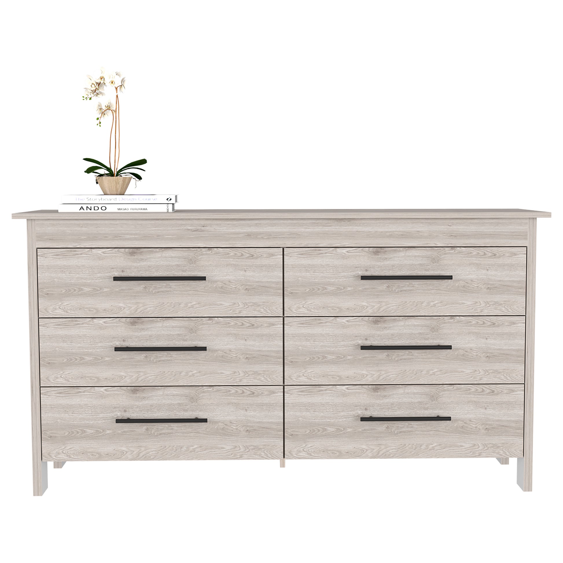 Double Dresser, Four Legs, 6 Drawer, Superior Top, Light Gray Light Gray Solid Wood Mdf Engineered Wood