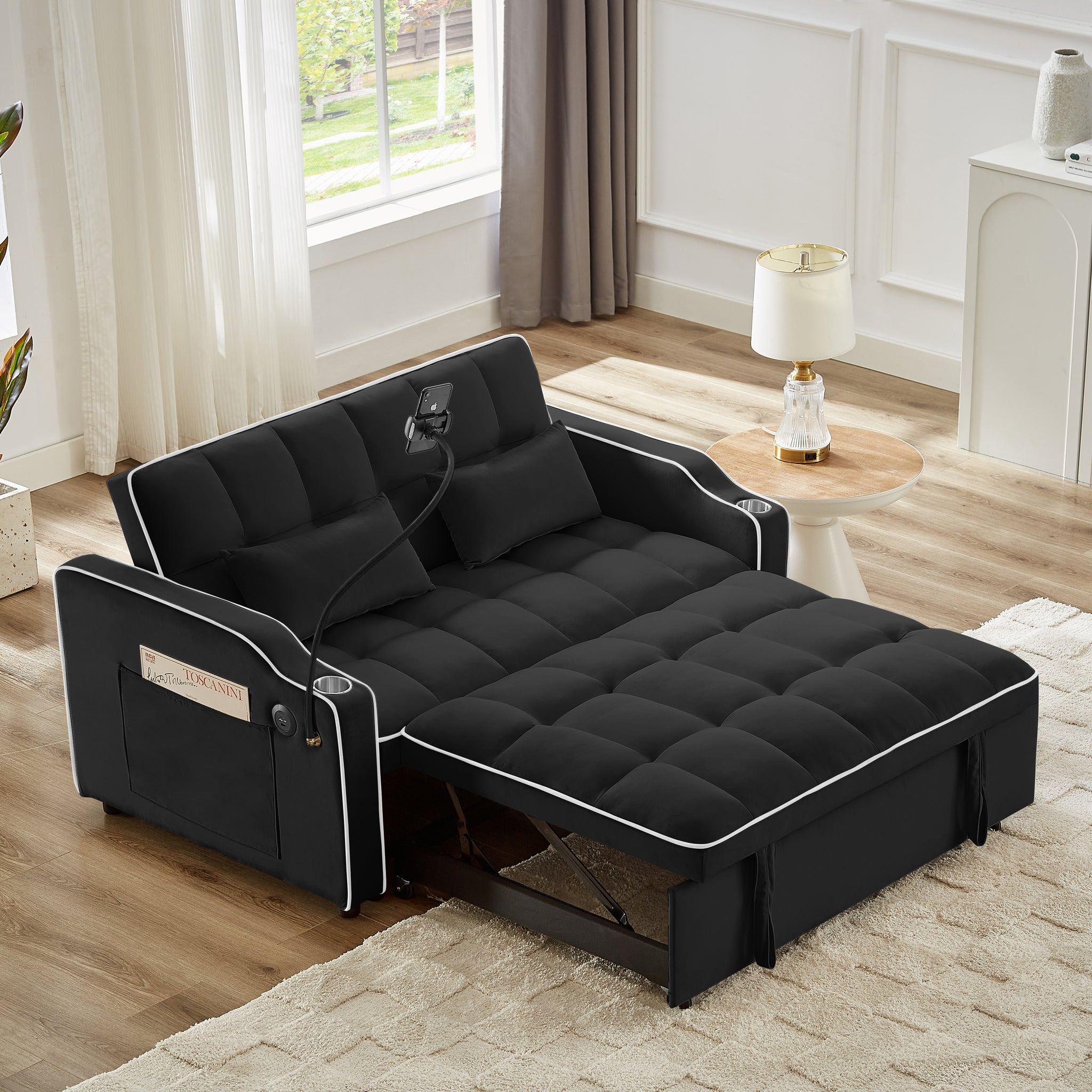 1 Versatile Foldable Sofa Bed In 3 Lengths, Modern Sofa Sofa Sofa Velvet Pull Out Bed, Adjustable Back And With Usb Port And Ashtray And Swivel Phone Stand Black Black Eucalyptus Solid Wood Mdf Resin 2 Seat