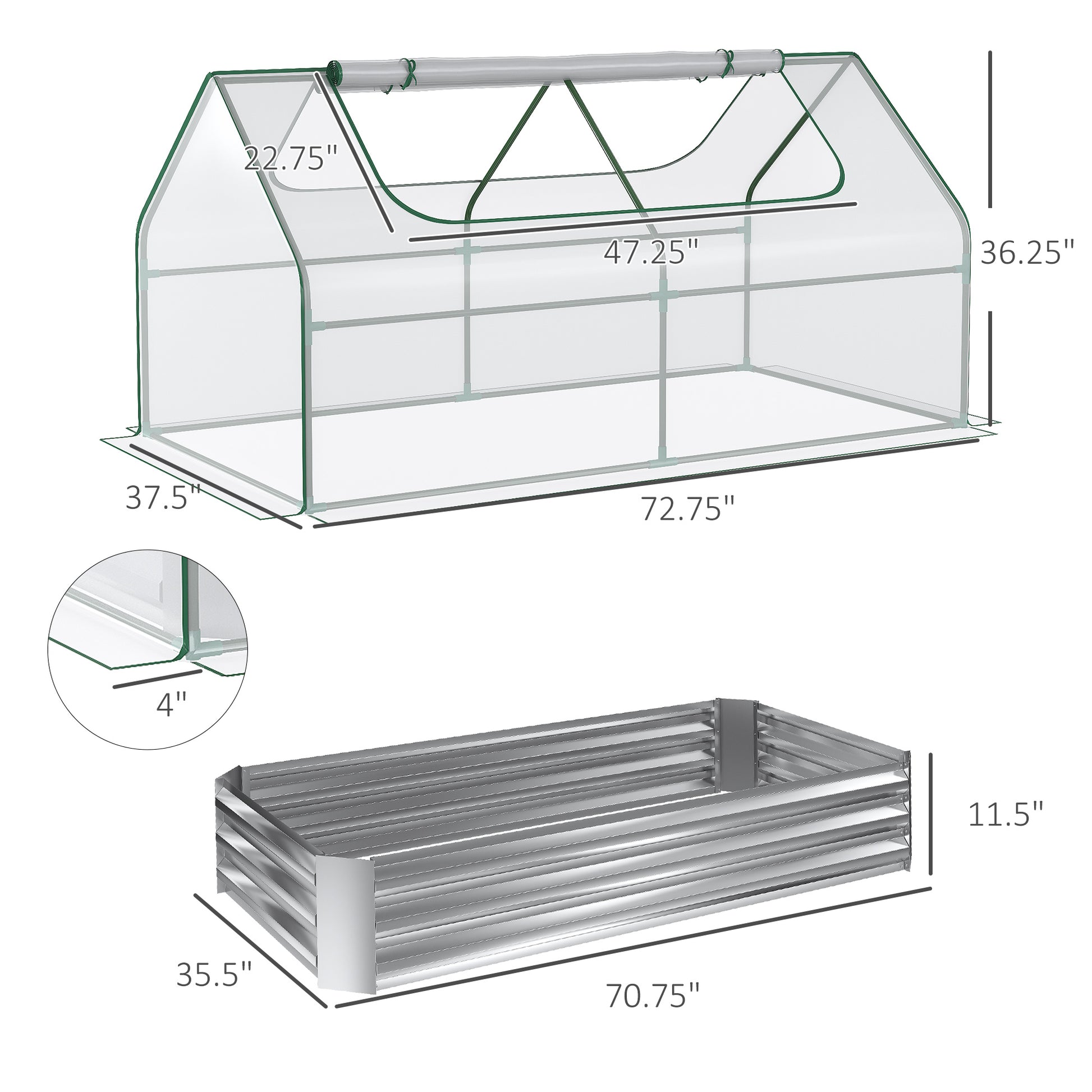 Outsunny 6' X 3' Galvanized Raised Garden Bed With Mini Pvc Greenhouse Cover, Outdoor Metal Planter Box With 2 Roll Up Windows For Growing Flowers, Fruits, Vegetables And Herbs, Silver Silver Pvc