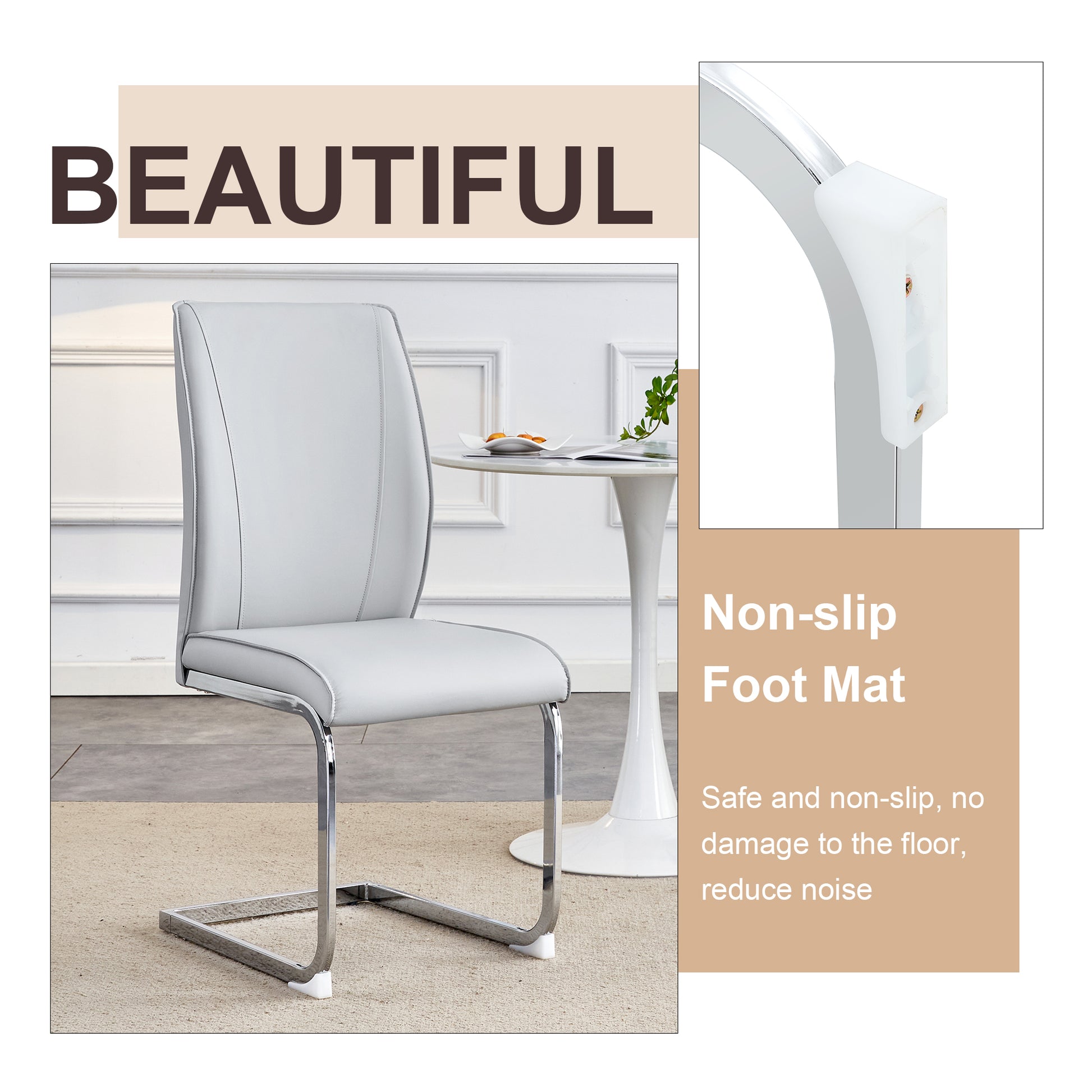 Table And Chair Set.Modern Dining Table,Tempered Glass Tabletop And Silver Colored Leg.Paired With 6 Soft And Comfortable Light Gray Pu Chair, Perfect For Dinner, Meetings, Home And Office Decor.