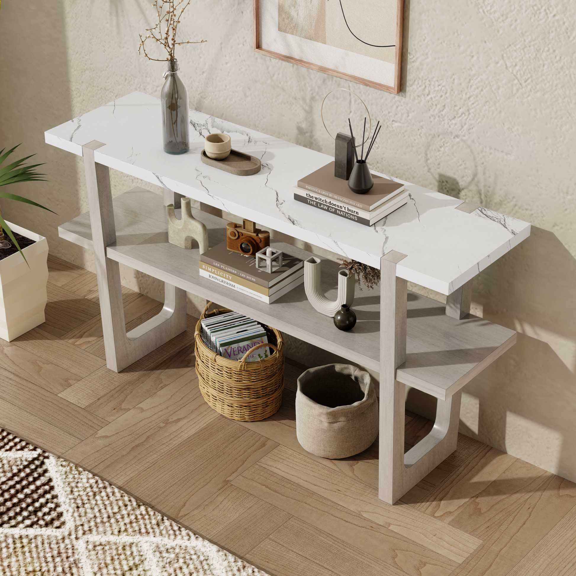 Retro Elegant Console Table With Marble Effect Top And Versatile Storage Solutions For Entryway And Living Room Gray Wash Gray Wash Solid Wood Mdf