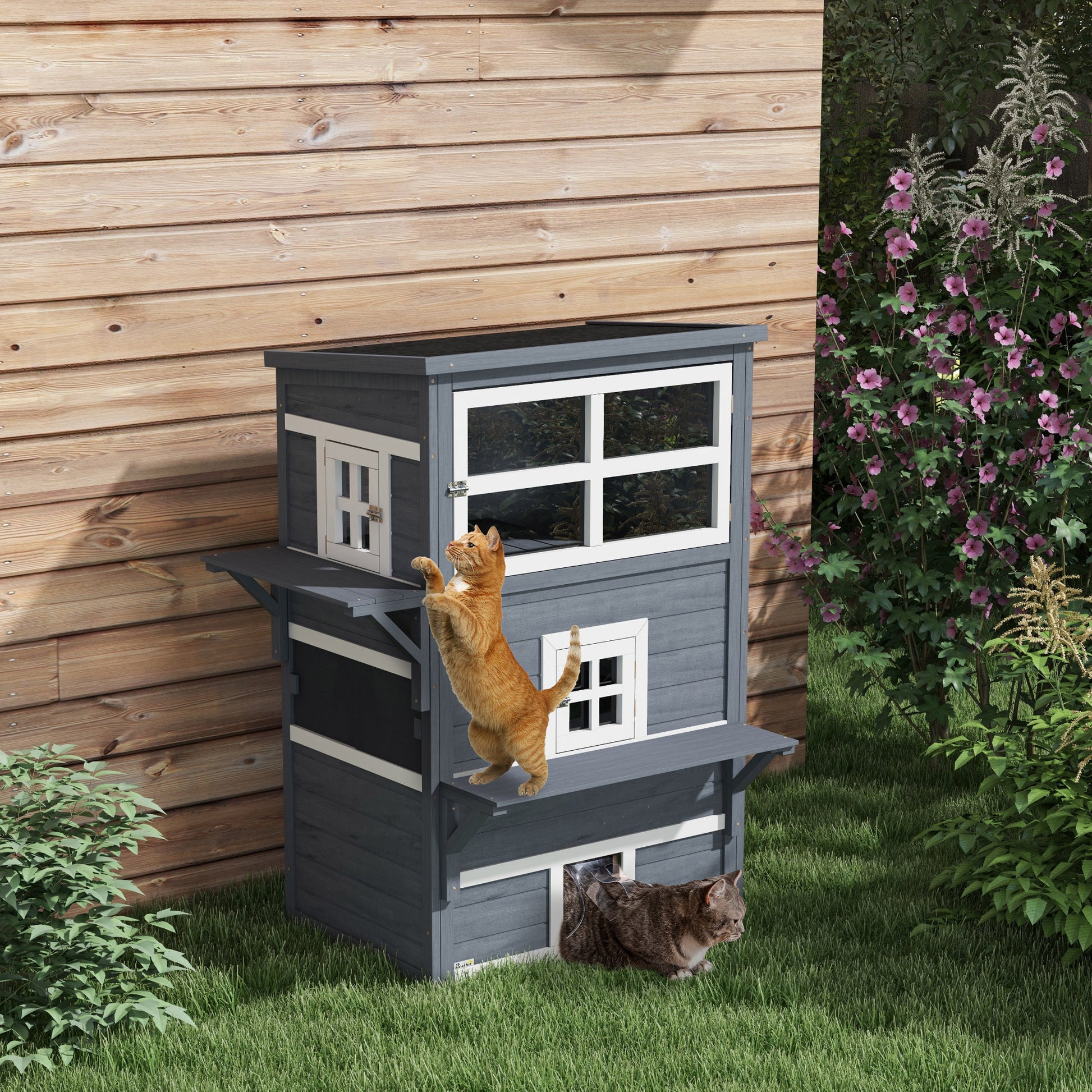 Pawhut 3 Story Cat House Feral Cat Shelter, Outdoor Kitten Condo With Raised Floor, Asphalt Roof, Escape Doors, Jumping Platforms, Dark Gray Dark Gray Wood