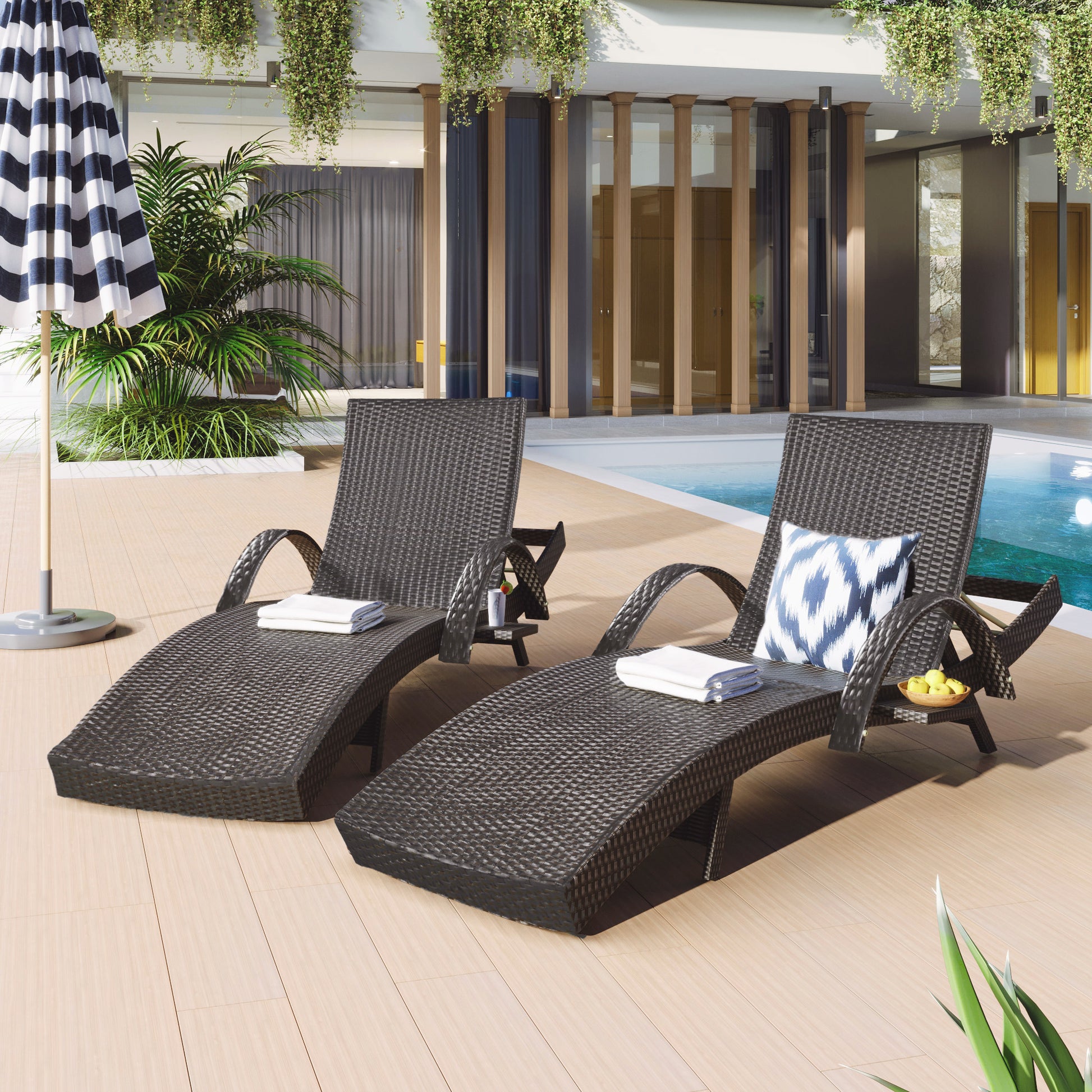 K&K 80'' Outdoor Wicker Chaise Lounge Chairs Set Of 2, Patio Rattan Reclining Chair Pull Out Side Table Adjustable Backrest Ergonomic Wave Design Pool Sunbathing Recliners, Dark Brown No Lounge Dark