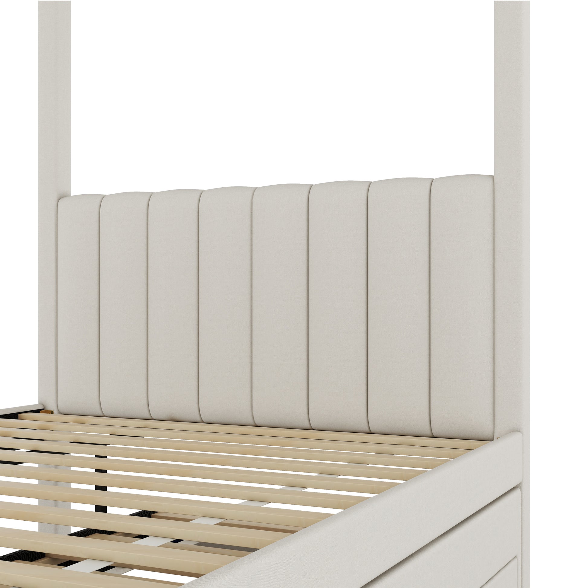 Full Size Upholstery Canopy Platform Bed With Trundle And Three Storage Drawers, Beige Full Beige Upholstered