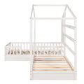 Wood House Bed Twin Size, 2 Twin Solid Bed L Structure With Fence And Slatted Frame, White Twin White Plywood