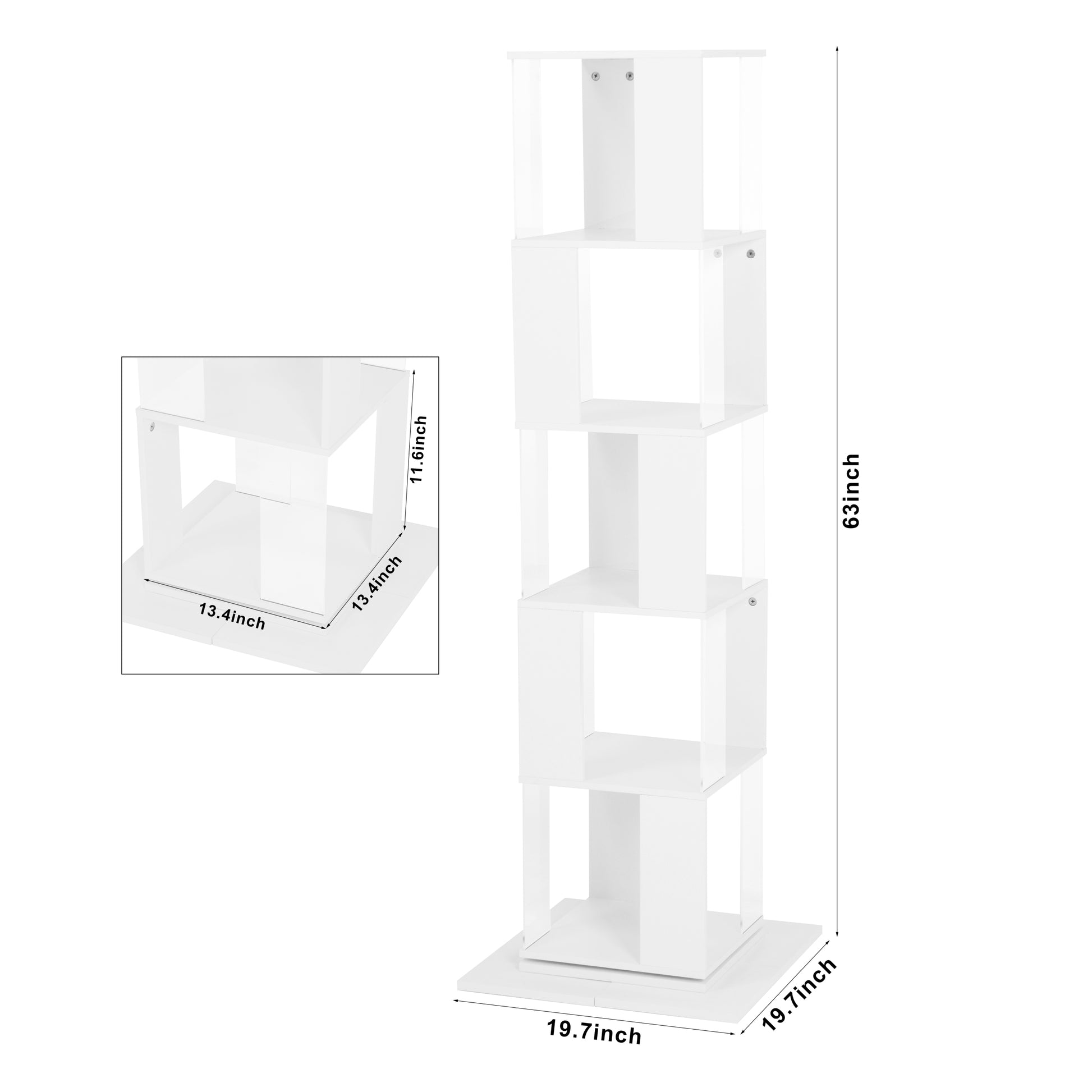 5 Tier Rotating Bookshelf, Floor Rack Simple Bookcase With Acrylic Plate Student Multi Function Creative Bookshelf For Living Room With Anti Toppling Base White Particle Board