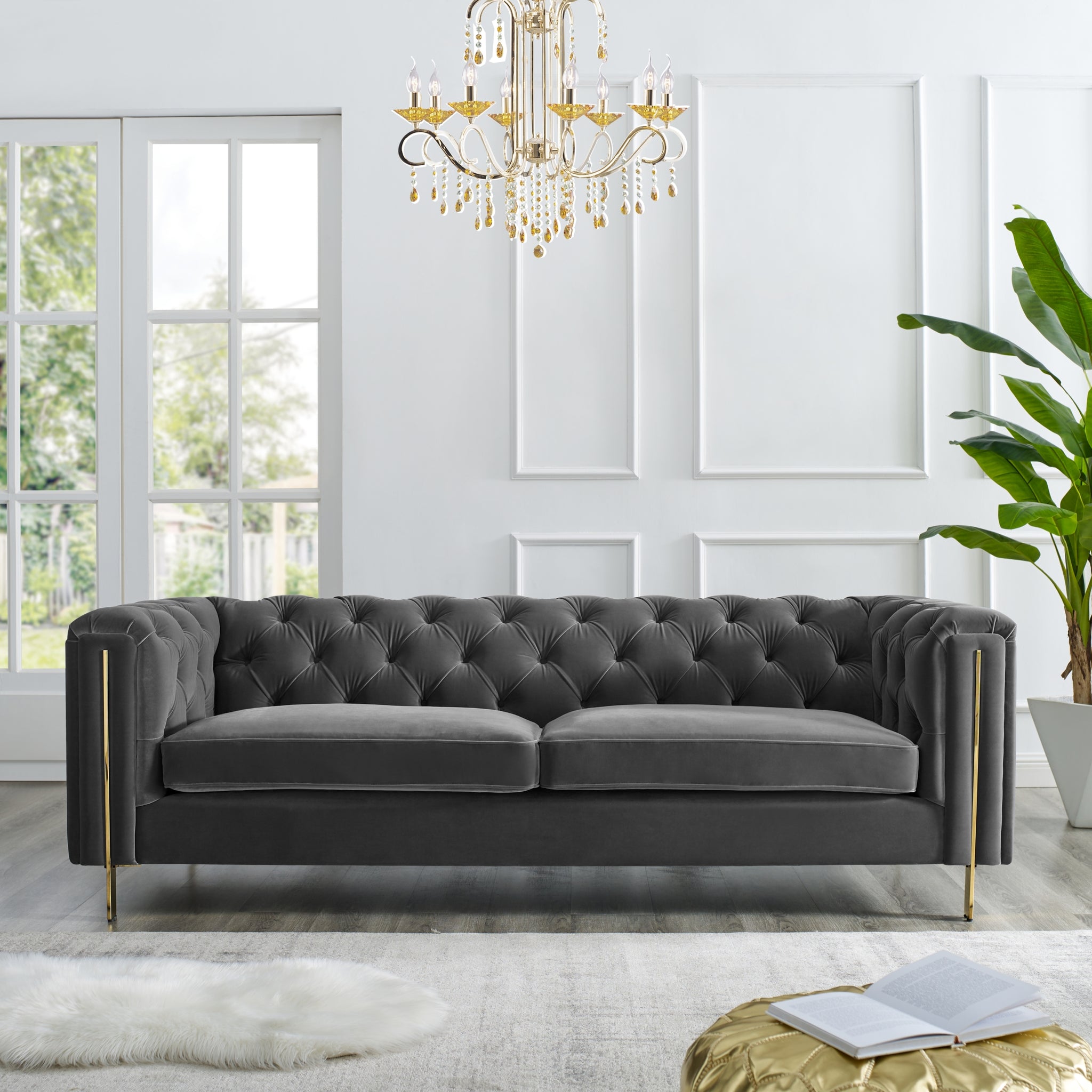 Charlene Velvet Button Tufted Sofa Gray Dark Gray Fabric 2 Seat